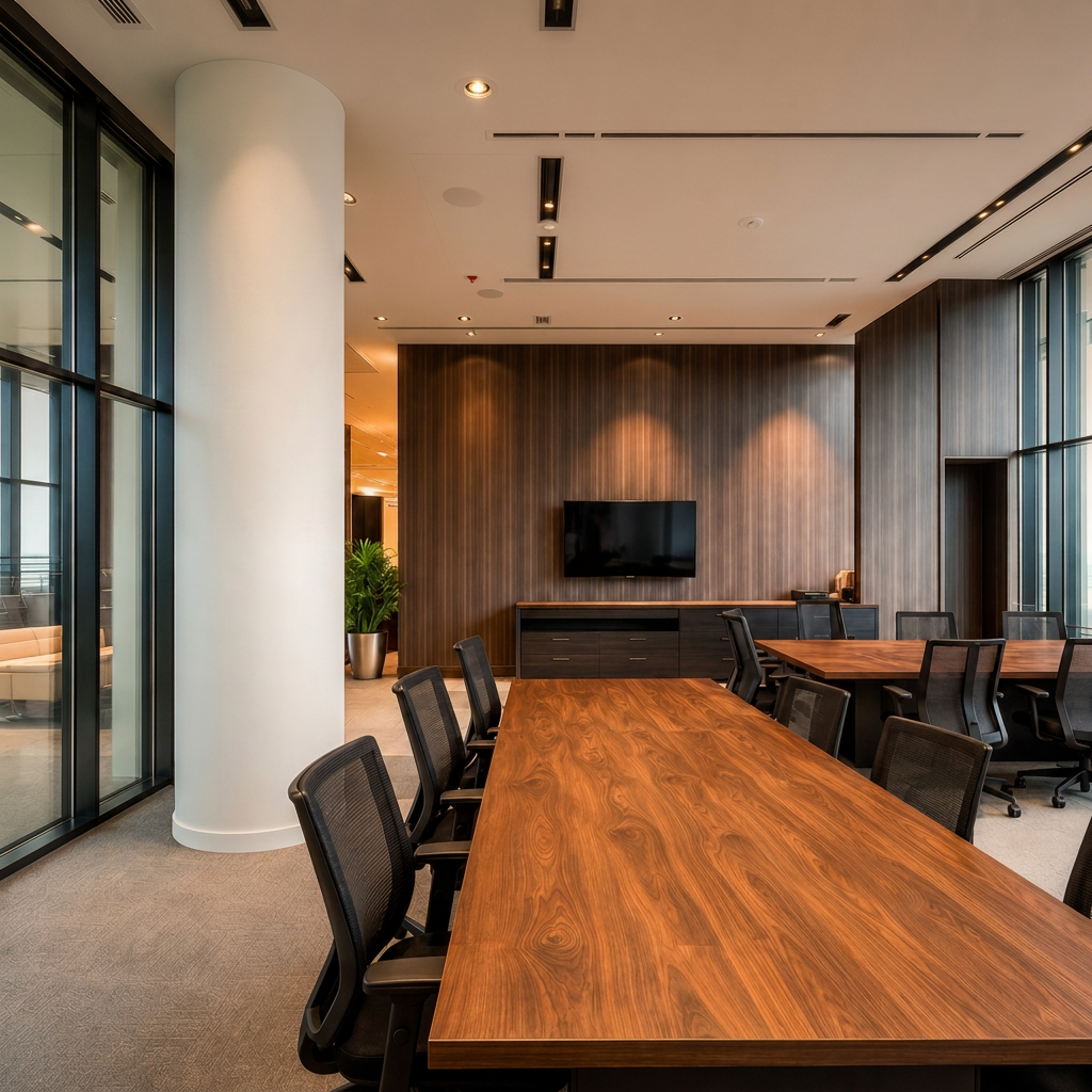 Sala de reunião executiva com mesa de madeira nobre e cadeiras ergonômicas T+Mobili